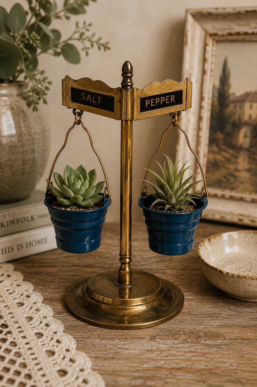 Vintage Balance Scale Salt Pepper Holder Brass Blue Buckets Mid Century Kitchen